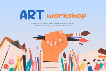 A banner template for an art workshop, studio, or store. An advertising background with accessories for the artist: brushes, paints, easel, pencils. International Day of the Artist. Flat vector.
