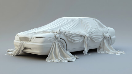 The car is covered by a cloth. Bow and ribbons on cars. 3D.
