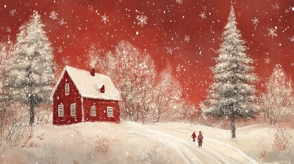 A Happy New Year greeting card featuring an abstract red winter background adorned with gently falling snowflakes. Perfect for spreading festive cheer and seasonal warmth.