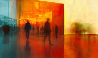 Motion-Blurred Figures Walking Through a Modern Glass-Walled Office