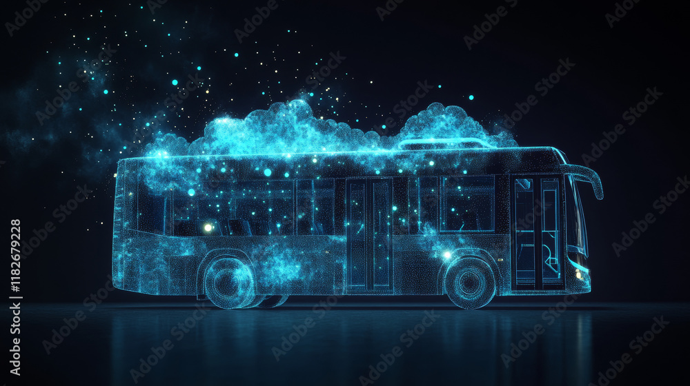 Poster a bus from particles. the bus consists of dots and circles. the blue bus on a dark background