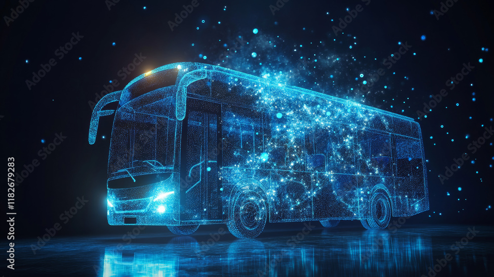 Poster a bus from particles. the bus consists of dots and circles. the blue bus on a dark background