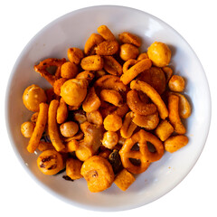 Crispy spanish snack tapas on plate served for beer snack. Isolated over white background