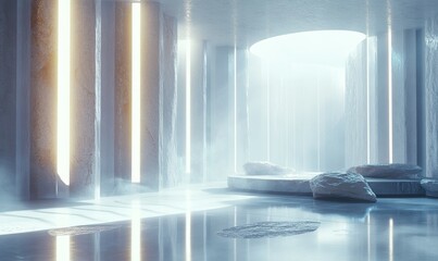 Futuristic Interior with Vertical Light Beams and Mist