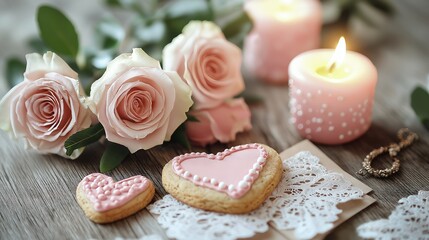 Naklejka premium A minimalistic Valentine's Day setup featuring heart-shaped cookies, handmade cards, pink roses, candles, and artisanal jewelry on a rustic wooden table