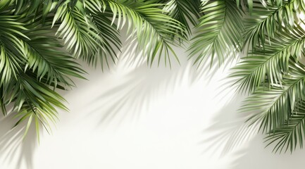 Fototapeta premium Wall with palm leaves shadows, white background, realistic, view from above