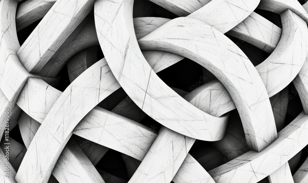Poster geometric pattern of interlaced lines and negative space creating a visually striking abstract image