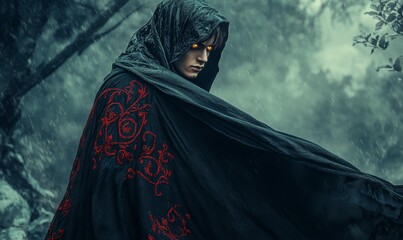 Mysterious anime man with piercing golden eyes, dressed in a flowing black cloak with intricate red embroidery, standing in a stormy forest