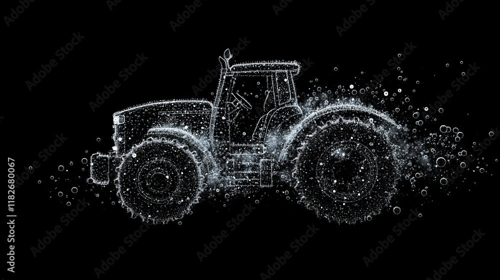 Poster tractor of particles on a dark background. tractor of circles and points