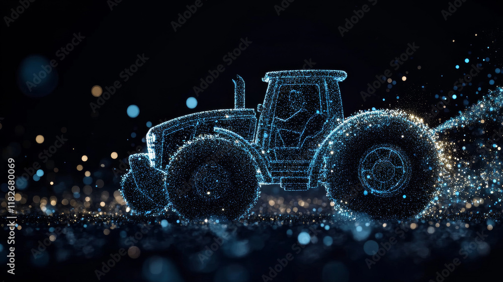 Poster tractor of particles on a dark background. tractor of circles and points