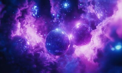 Obraz premium Mystical cosmic scene with glowing purple and blue nebula, floating orbs of energy, and a dark space backdrop