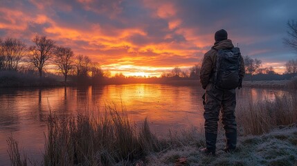 Obraz premium Lone Fisherman Watches a Vibrant Sunrise Over Still Water