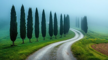 Cypress trees line a curving road in a misty landscape