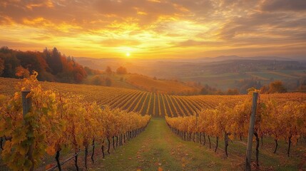 Naklejka premium Autumn Vineyard Sunset Golden Hues Landscape