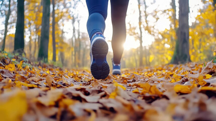 Close-up of a runner's legs walking on a forest trail covered with autumn leaves during sunset.