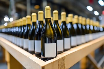 Row of wine bottles with blank labels lined up in a production facility ready for packaging and distribution.