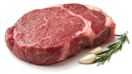 Obraz premium Fresh raw ribeye steak with marbled fat, garlic cloves, and rosemary sprig on white background.