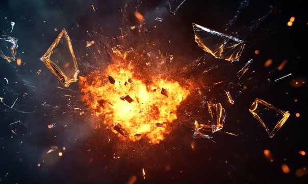 Night explosion in action, with shattered glass, smoke and fire.