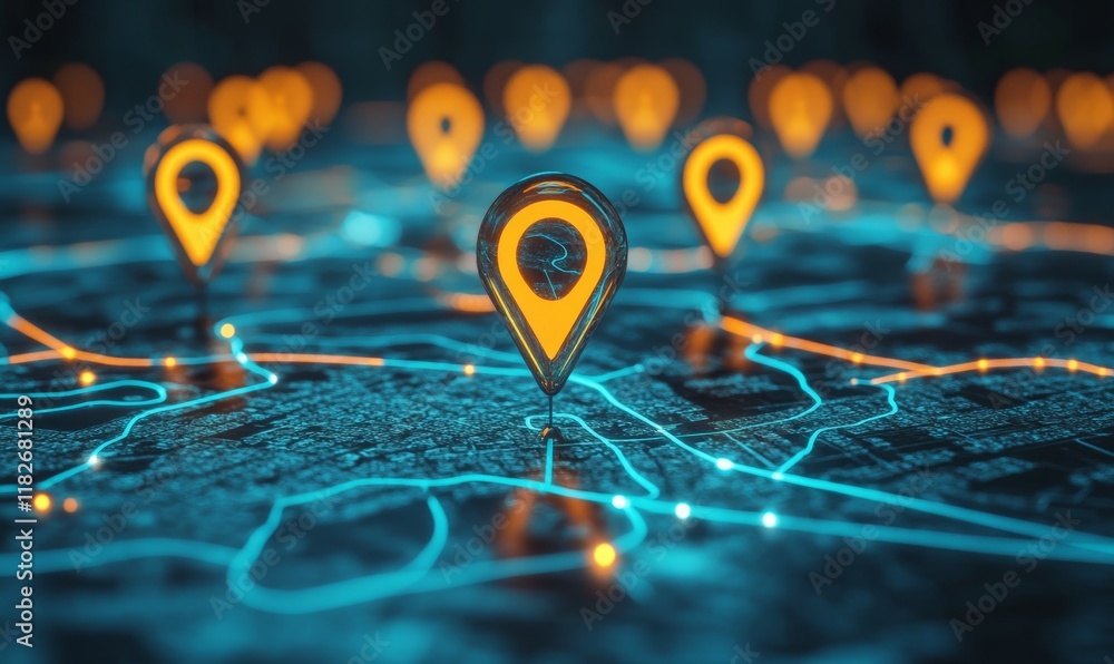 Poster global interconnected companies represented on map with glowing points
