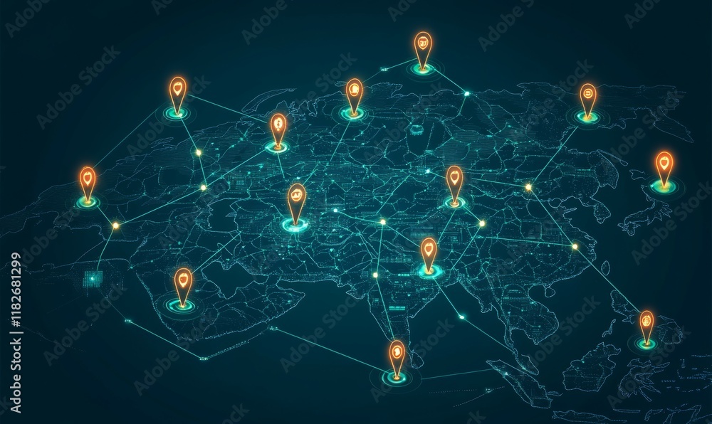 Poster global interconnected companies represented on map with glowing points
