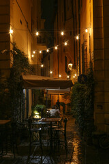 A view in an alley on a rainy night in the center Bologna, Italy