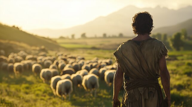 Abel, the second son of Adam, standing in a vast, tranquil pasture with his flock of sheep spread out around him.