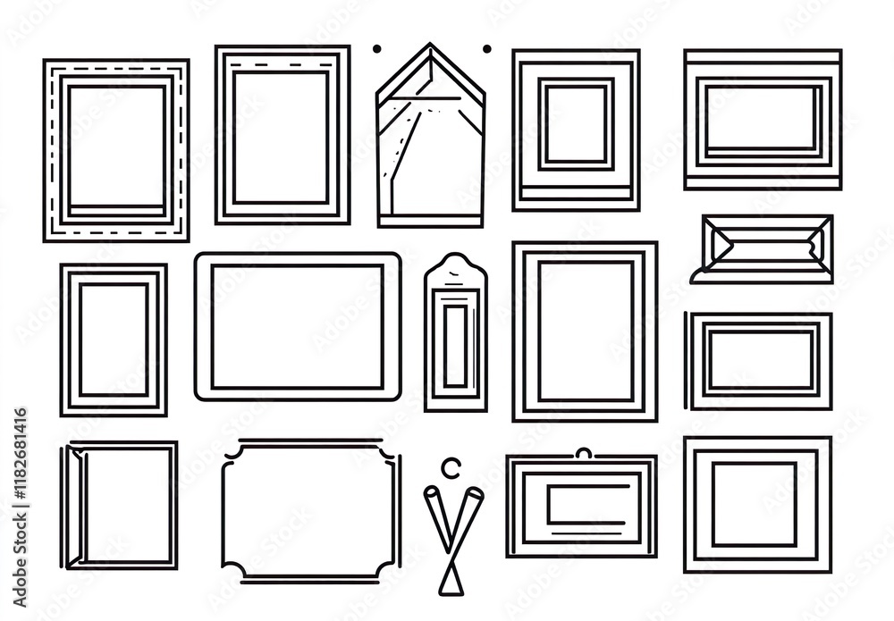 Poster text frame simple art black line icons vector set