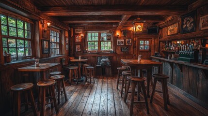Rustic Wooden Pub Interior With Wooden Stools And Tables