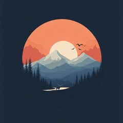 Fototapeta premium An illustrative depiction of a sunrise over layered mountains, silhouetted by dense forests, with elegant birds soaring, capturing tranquility and natural beauty.