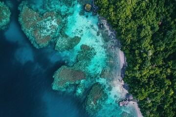 Serene tropical paradise with lush greenery and vibrant turquoise waters during midday sunlight