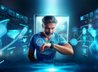 A surgeon checks his smartwatch, surrounded by holographic medical data and interfaces.  Advanced technology aids in diagnosis and treatment.