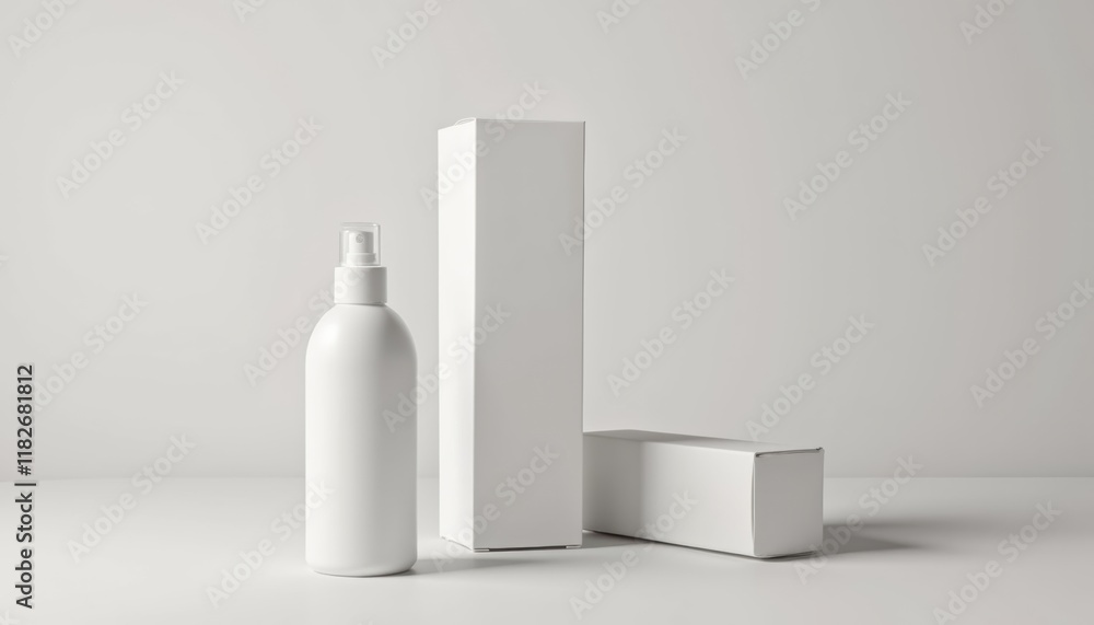Poster isolated spray bottle with box on light surface emphasizing design