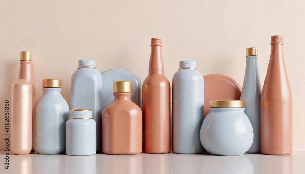Aufkleber Realistic 3D collection of various bottle designs with minimalistic mood displayed on a clean surface with soft lighting