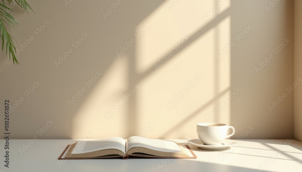 Poster Minimalistic book mockup with a coffee cup next to it, displayed on a simple surface with warm, natural lighting and a calm atmosphere