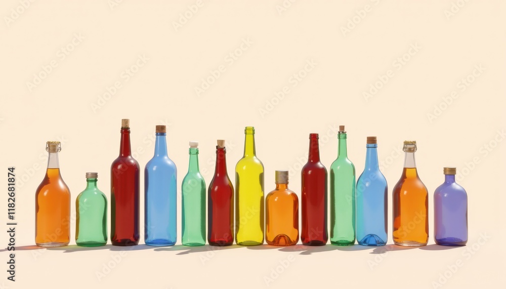 Aufkleber 3D bottle collection showcasing a variety of transparent and colored bottles, highlighted with soft shadows and a simple background