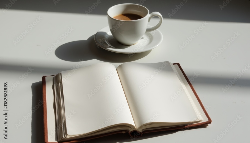 Fototapete Close-up of an open book with a coffee cup beside it, showcasing both items on a minimalist table with soft shadows