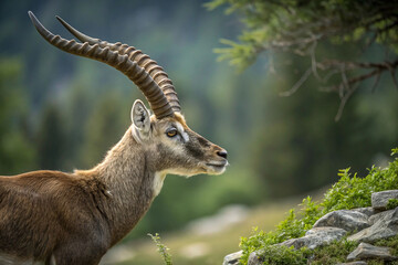 Naklejka premium Majestic Markhor goat in mountain habitat.