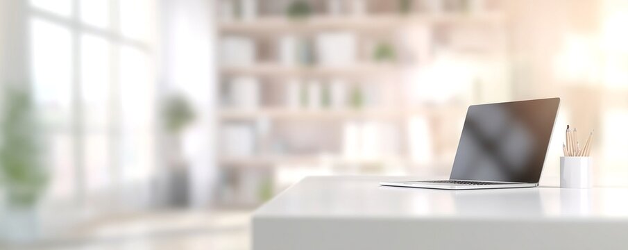 Laptop on white desk in bright home office. Modern workspace with plants and bookshelves. Minimalist interior design for remote work. Sunlight through window.