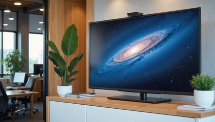 Modern TV mockup in an office, displaying content, surrounded by office furniture and a neutral backdrop, with subtle reflections and lighting