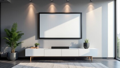 Isolated TV mockup on a wall in a professional office space, with a simple workspace setup and ambient lighting to emphasize the TV