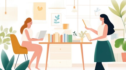 Cozy reading space with two women engaged in books and plants
