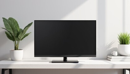 Realistic LED TV mockup on a table, showcasing a sleek design with the screen displaying content, set against a minimalist background