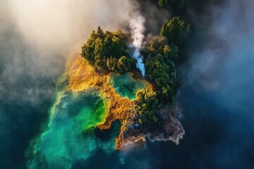 Vivid colors and mist dance over a geothermal paradise at dawn in a secluded natural oasis