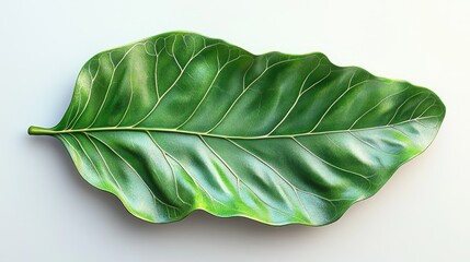 A single large green leaf rests on a white background