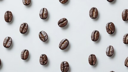 Many roasted coffee beans isolated on white, top view