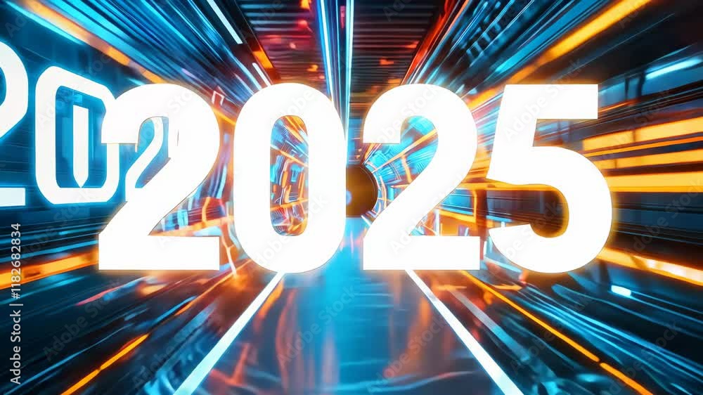 Poster futuristic digital display 2025 glowing numbers in blue and orange light trails creating dynamic, en