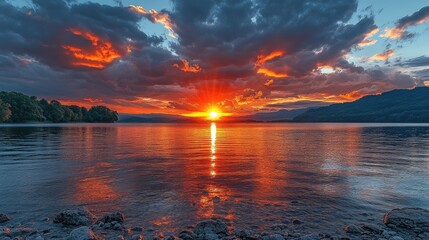 Fiery Sunset Over Calm Lake And Distant Hills