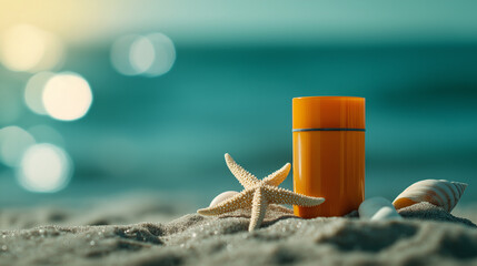 Bunte Trinkflasche umgeben von Muscheln und Sand am Strand

