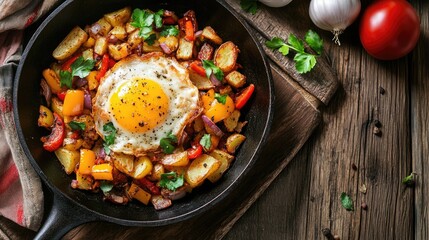 Savory Fried Breakfast Potatoes with Peppers and Onions Sizzling in a Skillet on Rustic Wooden Table
