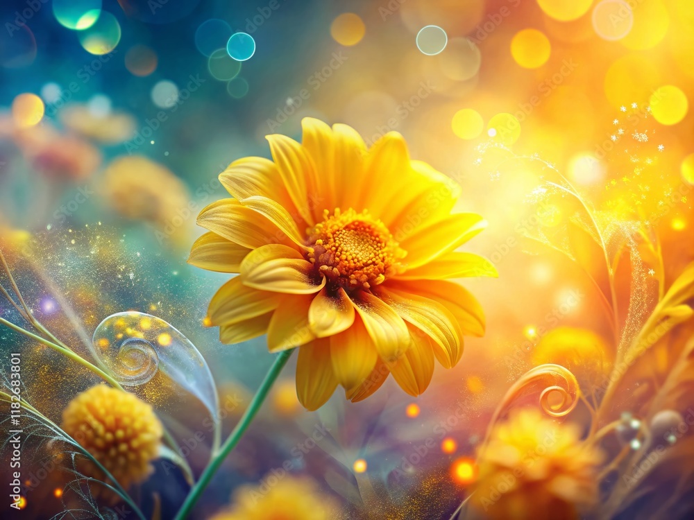 Poster abstract yellow flower doodles with bokeh, artistic pattern background